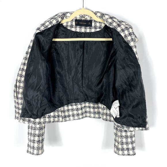 Zara Tweed Plaid Jacket Black Ivory Moto Check Front Zip Long Sleeve Sz M - Picture 10 of 12